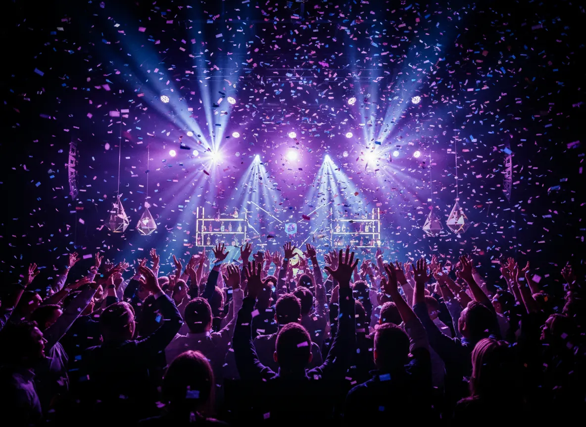 Corporate Teamevent mit Bühne, Lichtshow und feiernden Gästen