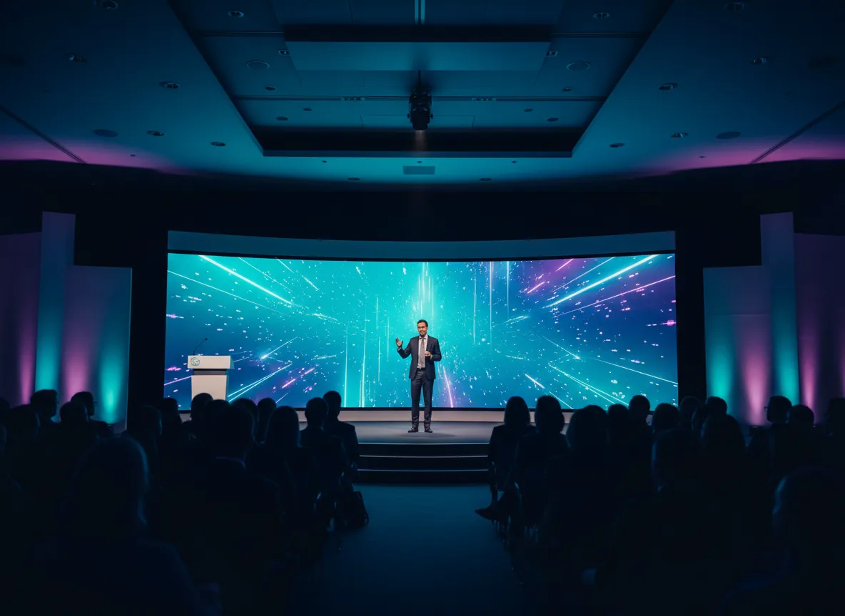 Konferenz mit großer Leinwand, Keynote Speaker und Publikum