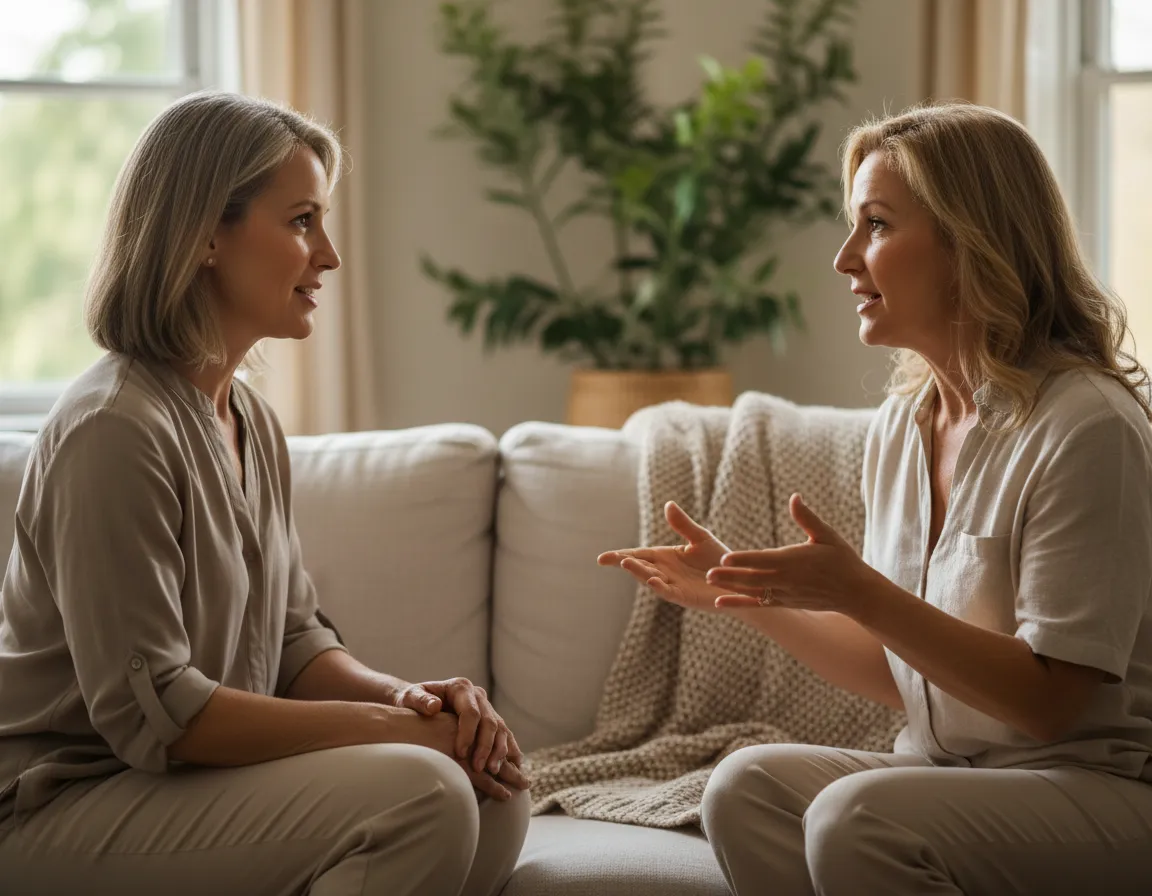 Mulher em momento de conversa e apoio.