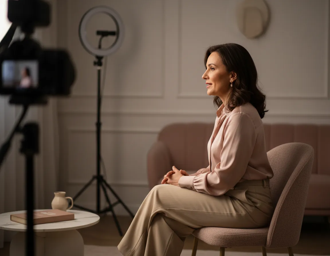 Mulher sendo entrevistada ou gravando conteúdo.