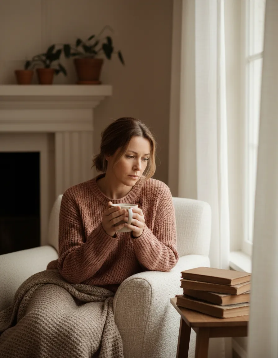 Mulher reflexiva em ambiente real com luz natural.
