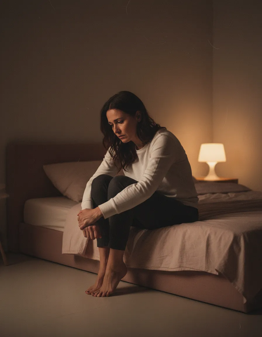 Mulher sentada na cama à noite, em luz baixa, com olhar pensativo e sensação de solidão silenciosa