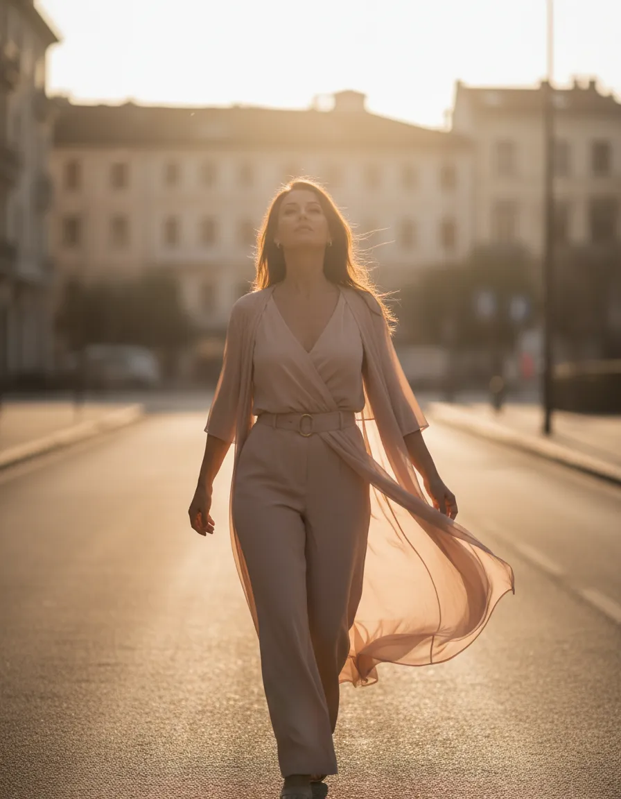 Mulher caminhando sozinha ao amanhecer, em luz dourada, com postura firme representando libertação