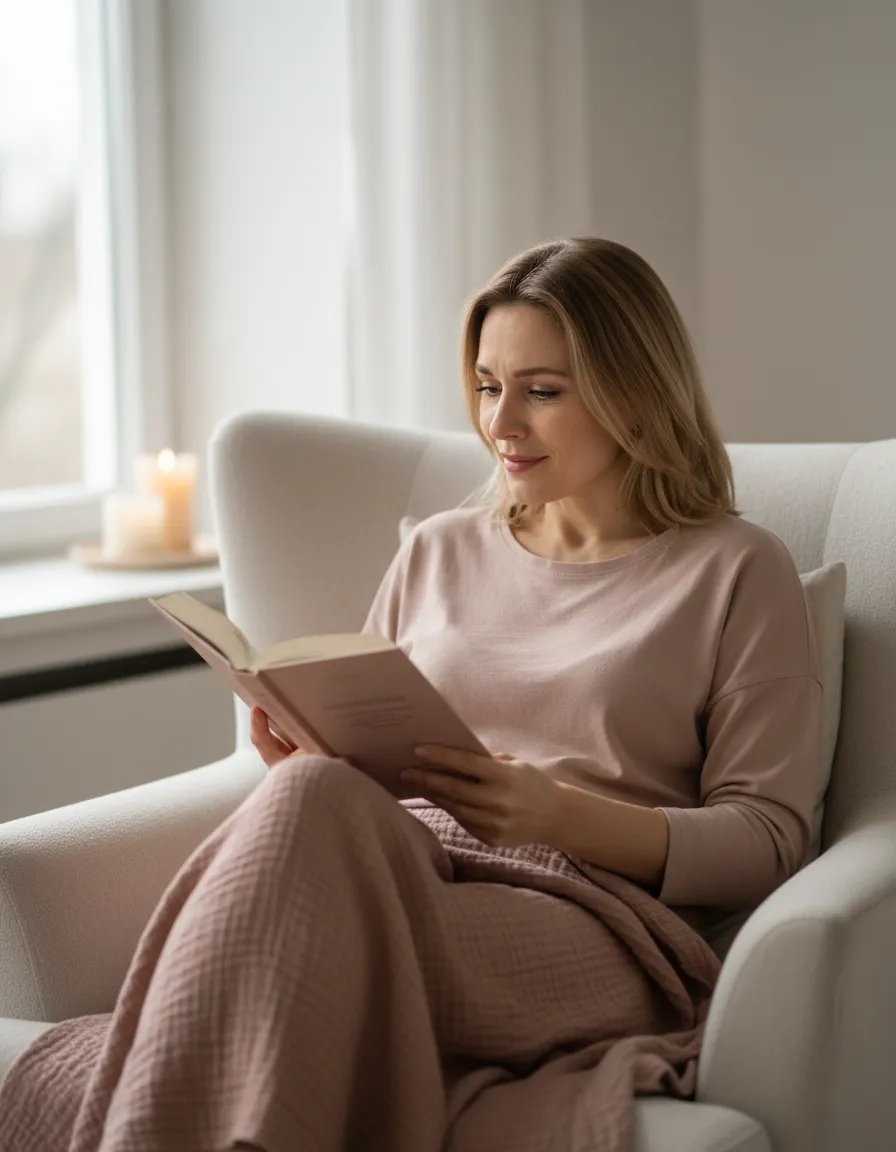 Mulher lendo um livro com expressão emocionada em ambiente claro e acolhedor