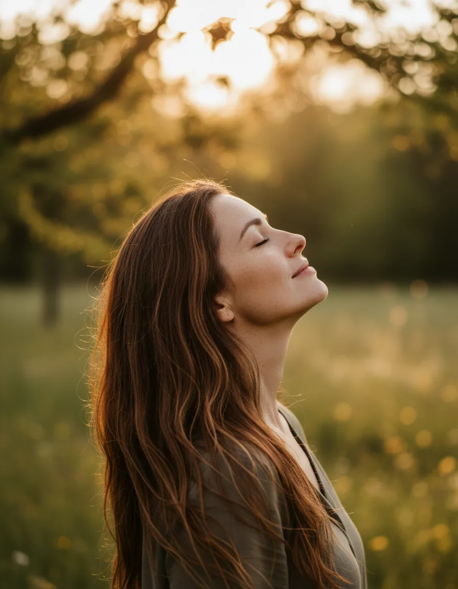 Mulher com olhos fechados respirando profundamente ao ar livre com sensação de paz e liberdade