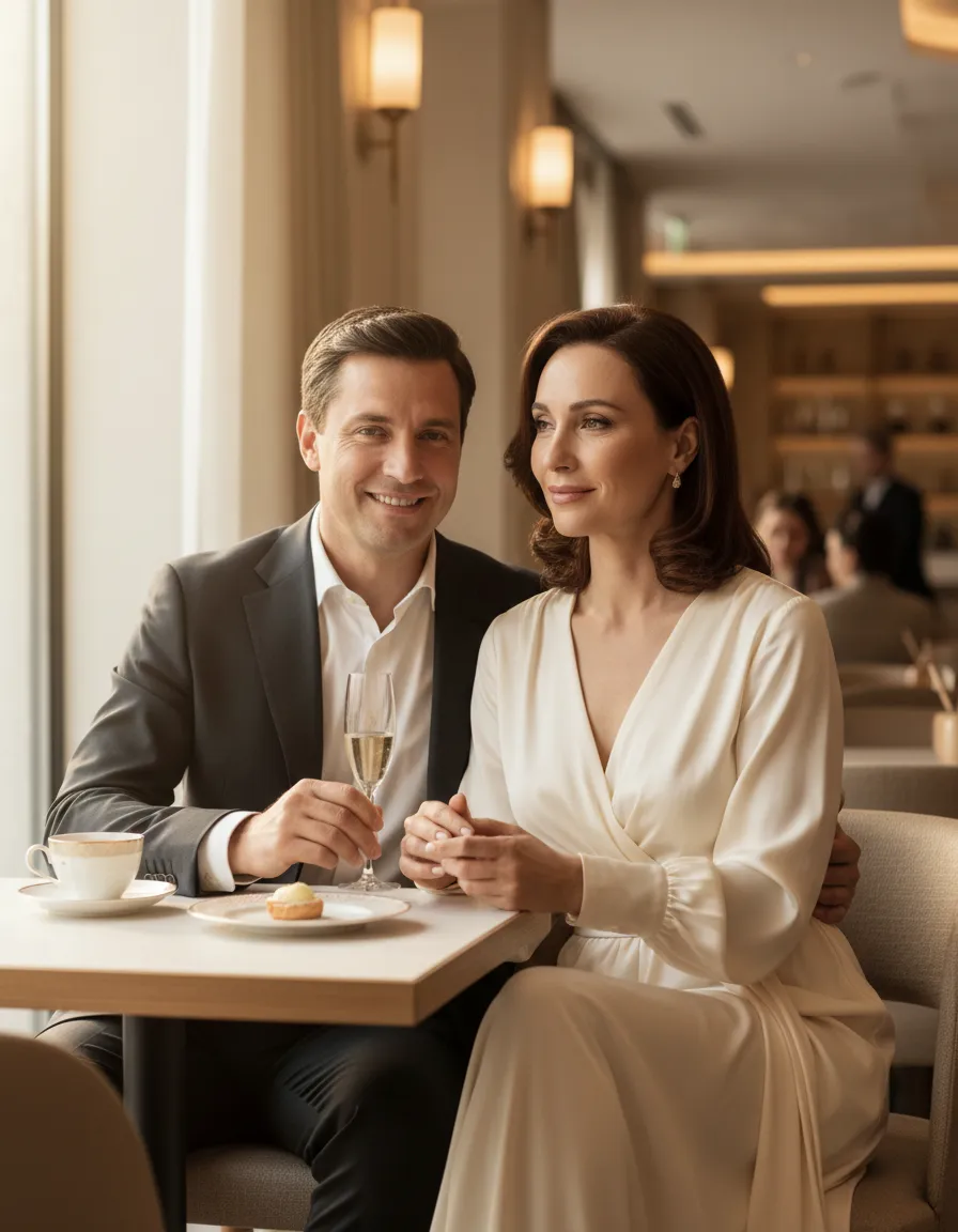 Casal aparentemente perfeito em público, com a mulher com olhar distante e desconfortável
