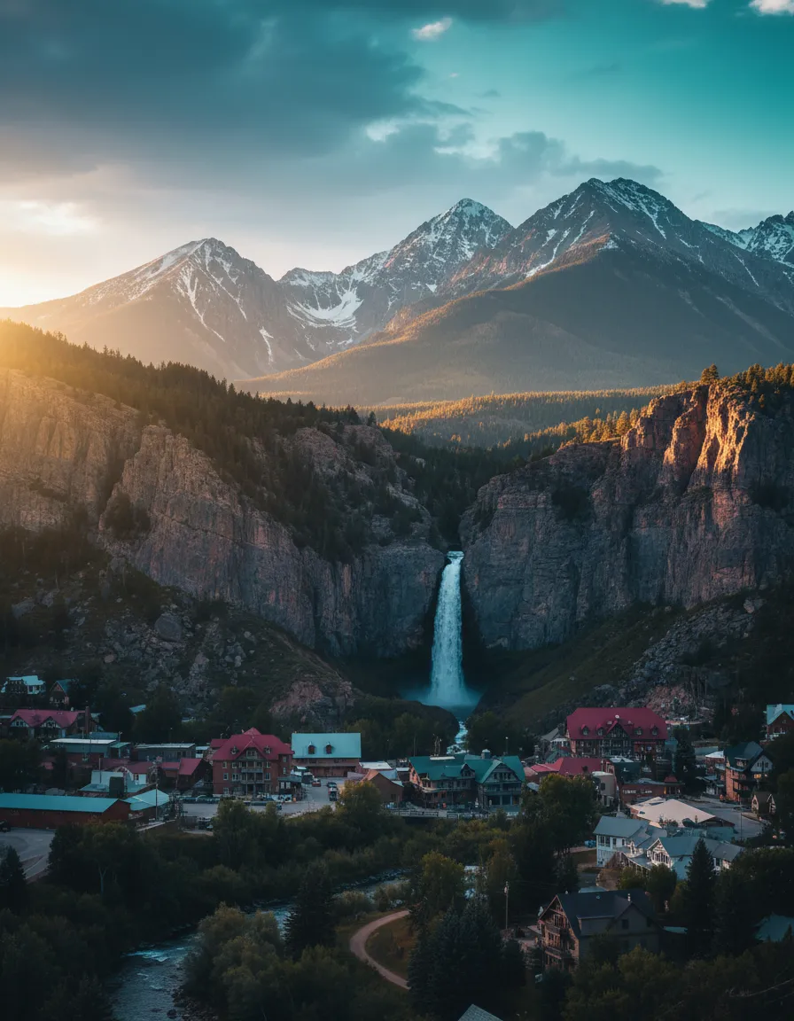 Scenic view of Box Canyon Falls and Ouray Colorado community landmarks