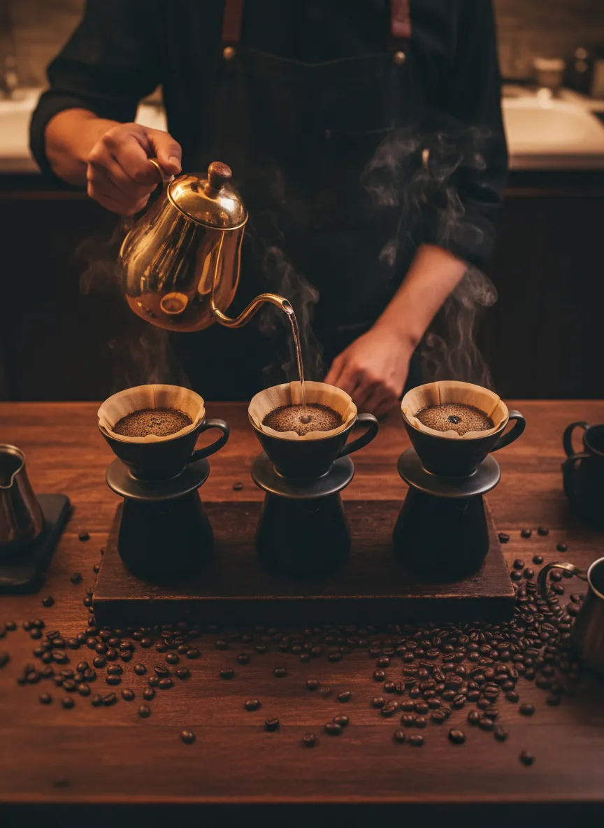Barista demonstrating latte art pouring to a small group of engaged guests in a warm cafe setting