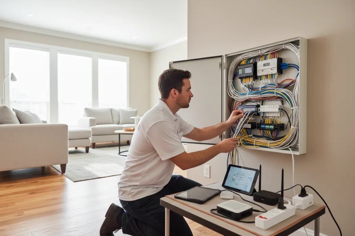 Home systems integration: technician installing smart thermostat and wiring