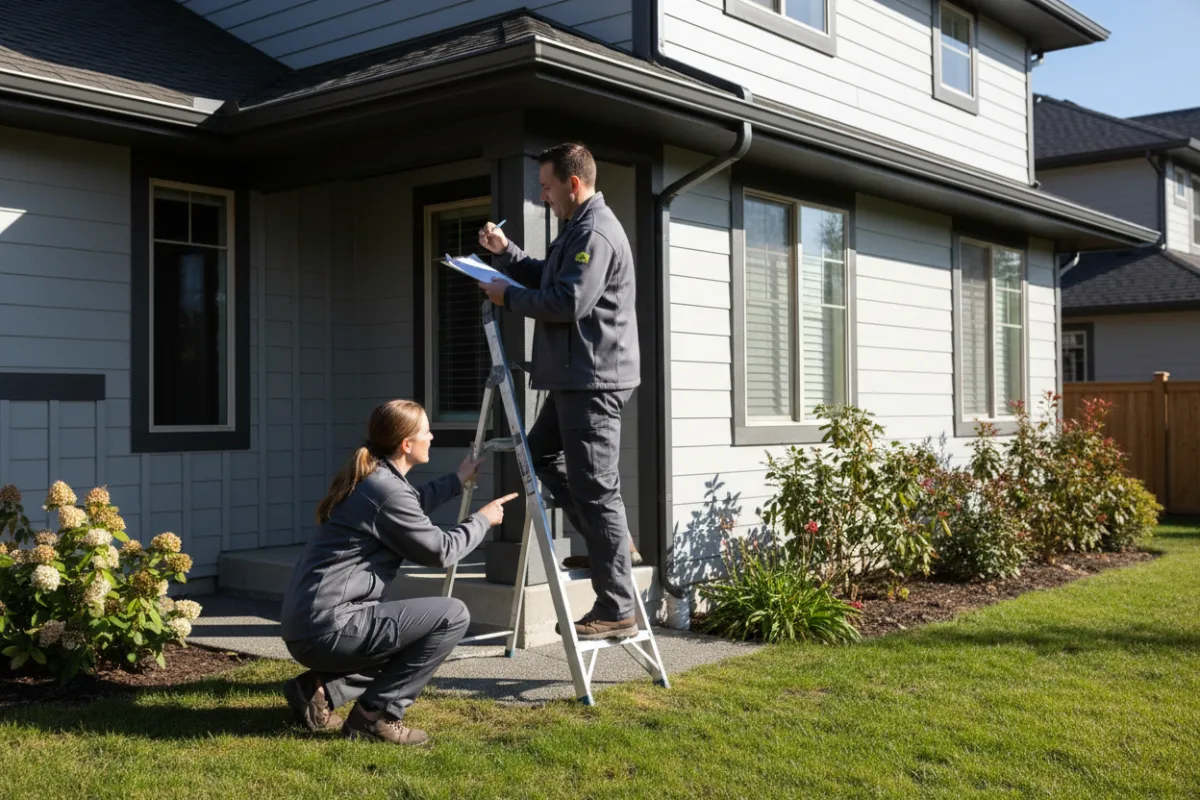 Inspections and warranties: inspector examining a roof or foundation with clipboard and safety gear