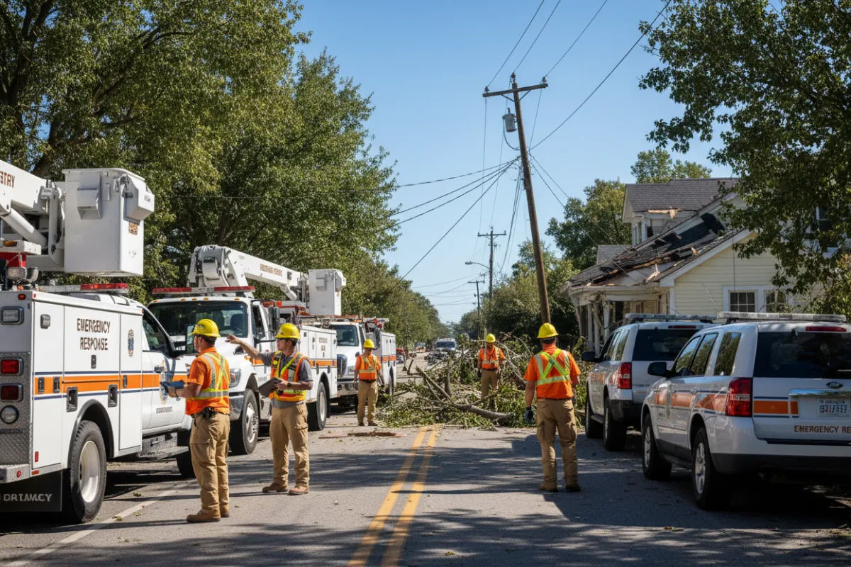 Emergency response: repair crew responding to storm damage at a home