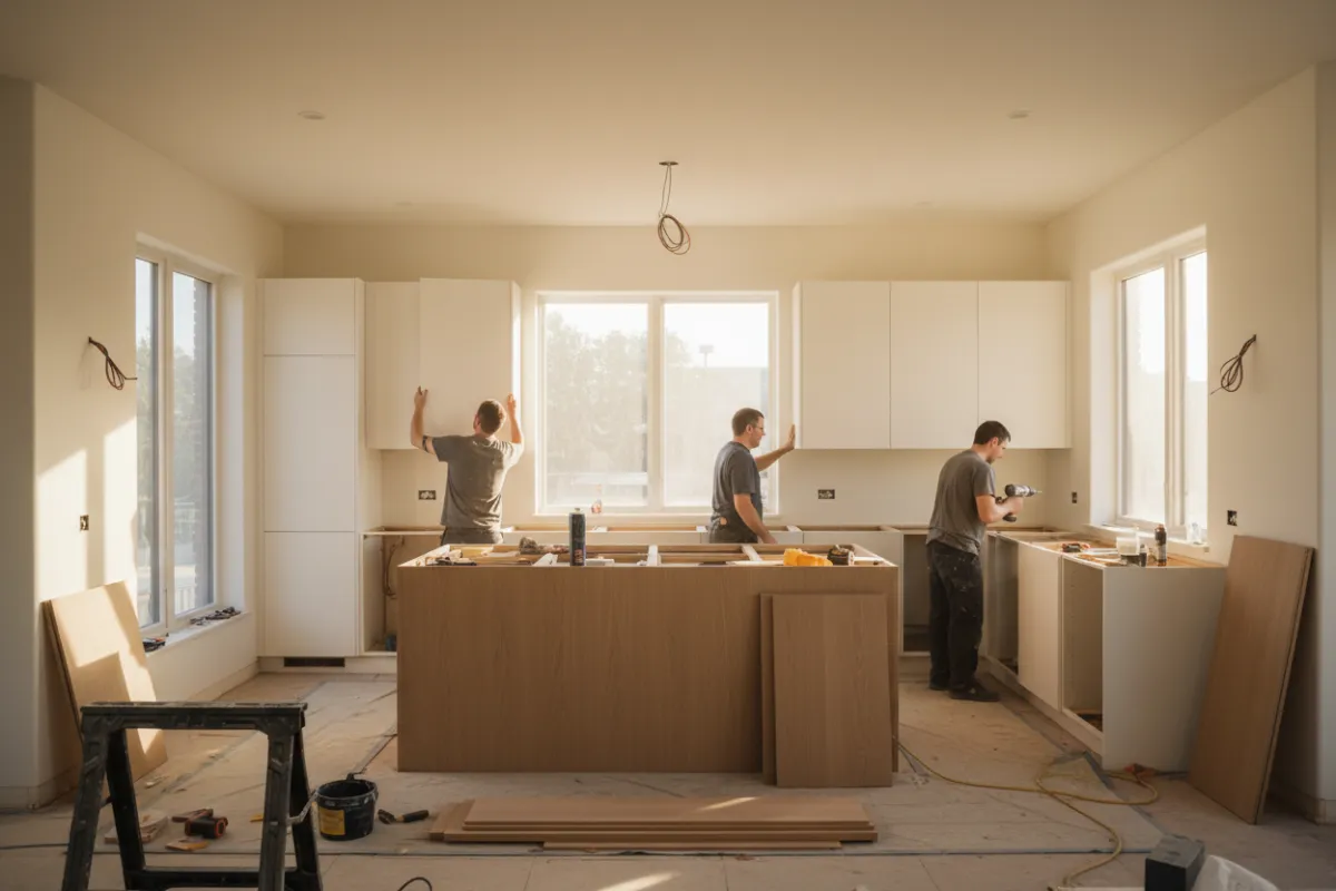 Residential remodeling: modern kitchen or bathroom renovation with contractors