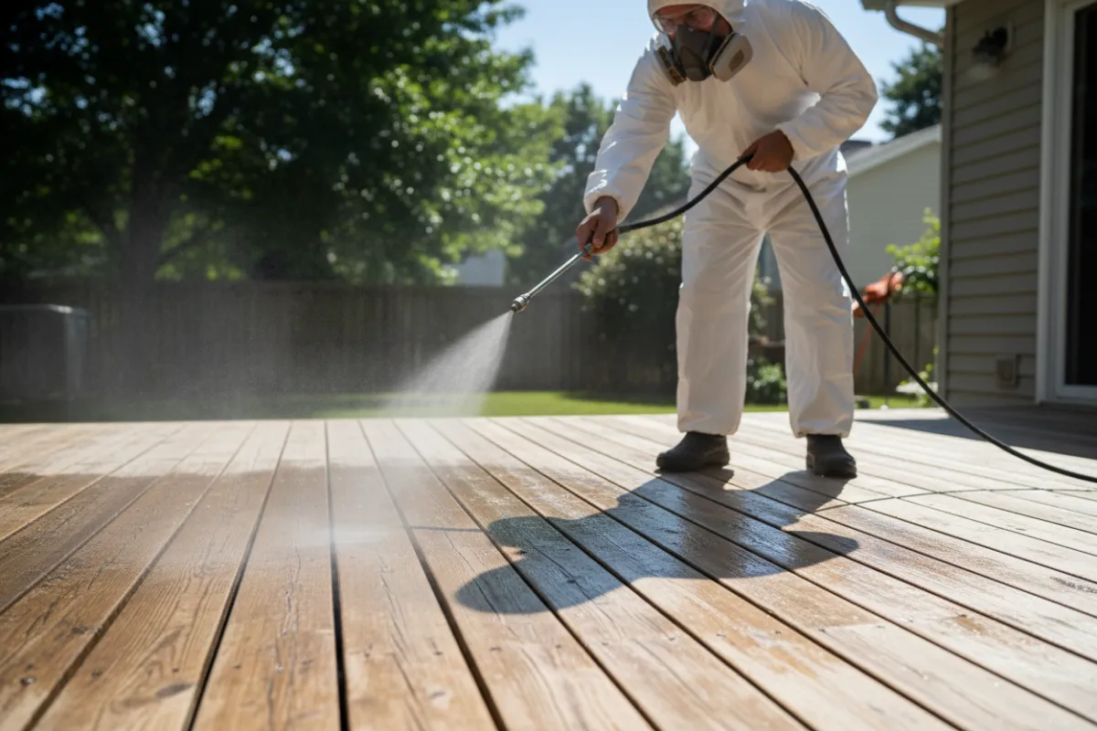Protective coatings and finishes: worker applying protective finish to exterior siding or decking
