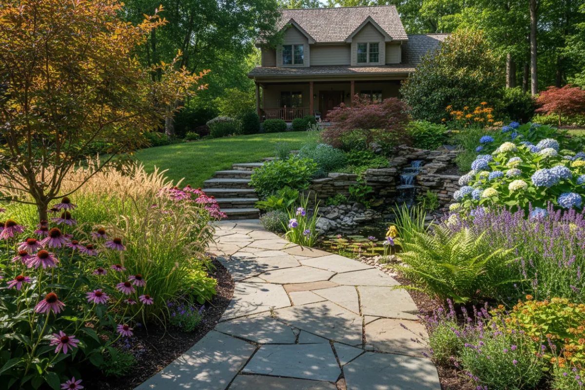Landscape design plan with 3D model — spring — wide