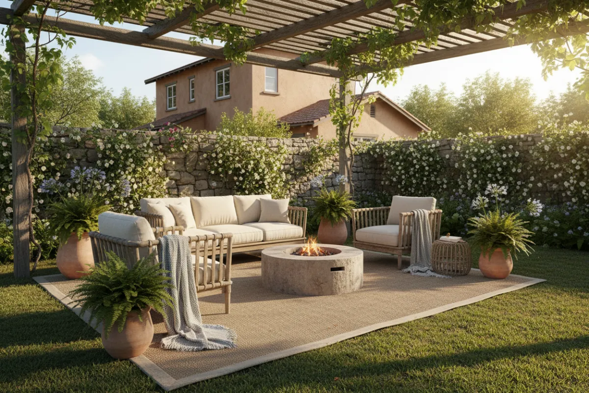 Outdoor furniture setup on finished patio — summer — medium