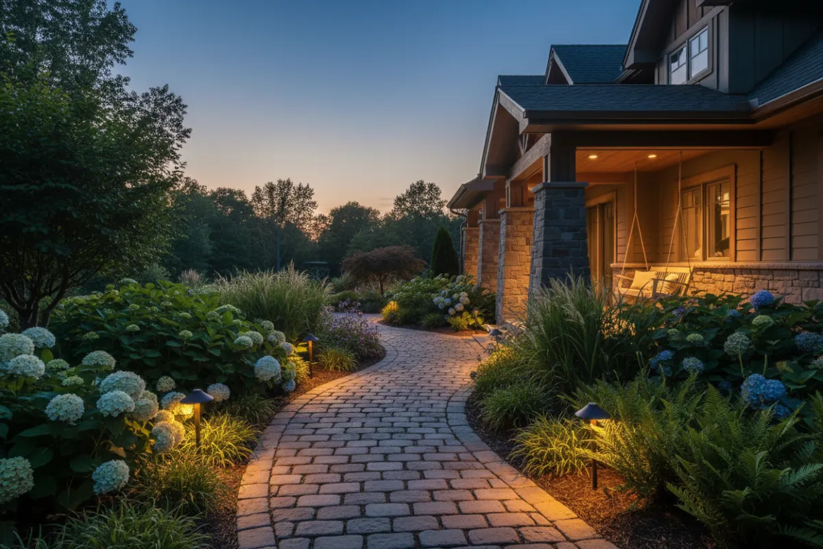 Outdoor pathway and garden lighting at dusk — autumn — wide