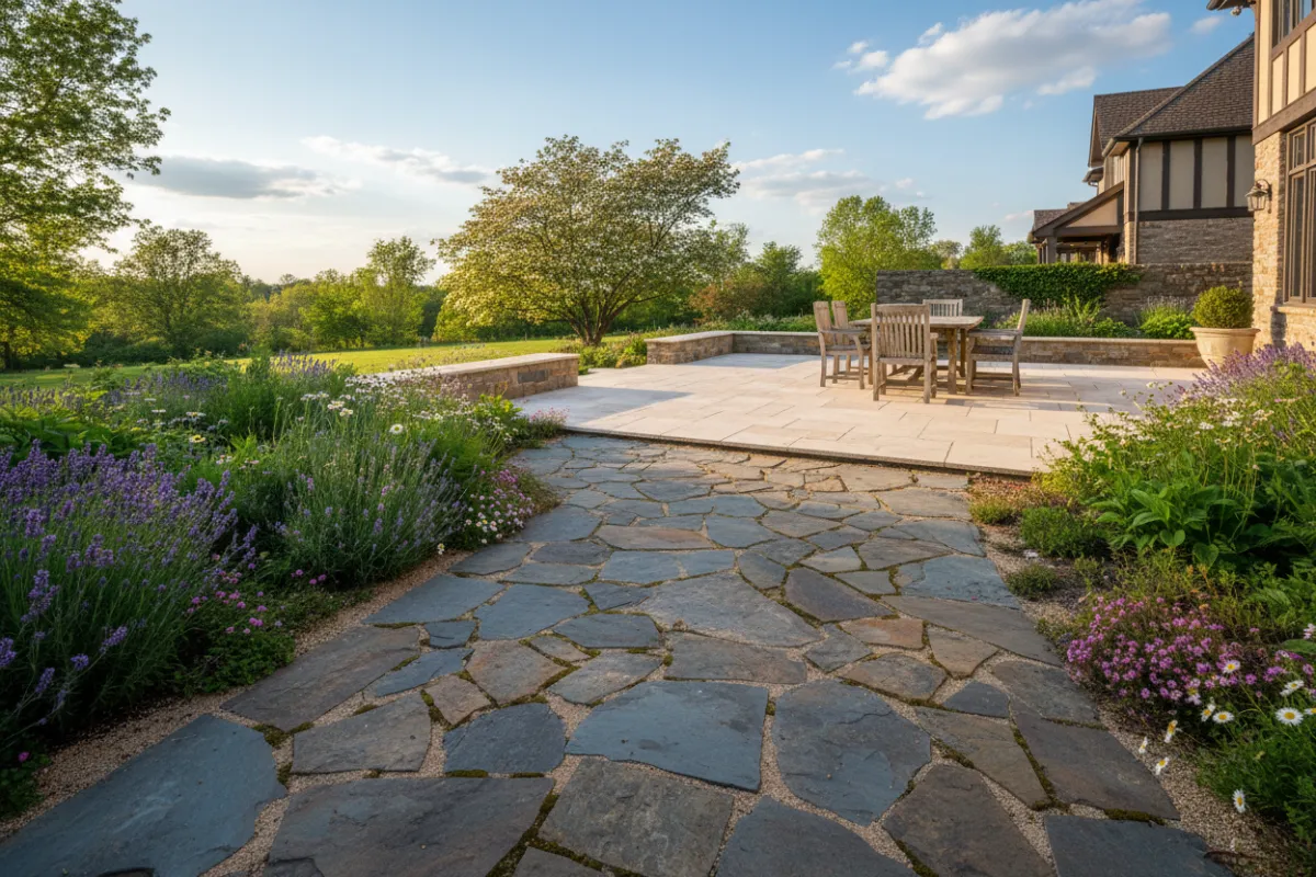 Stone pavers forming pathways and patio with plantings — summer — medium