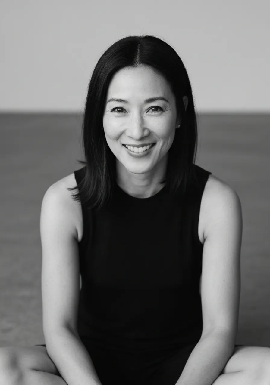 Black and white portrait of a smiling woman sitting cross-legged on the floor wearing a sleeveless top