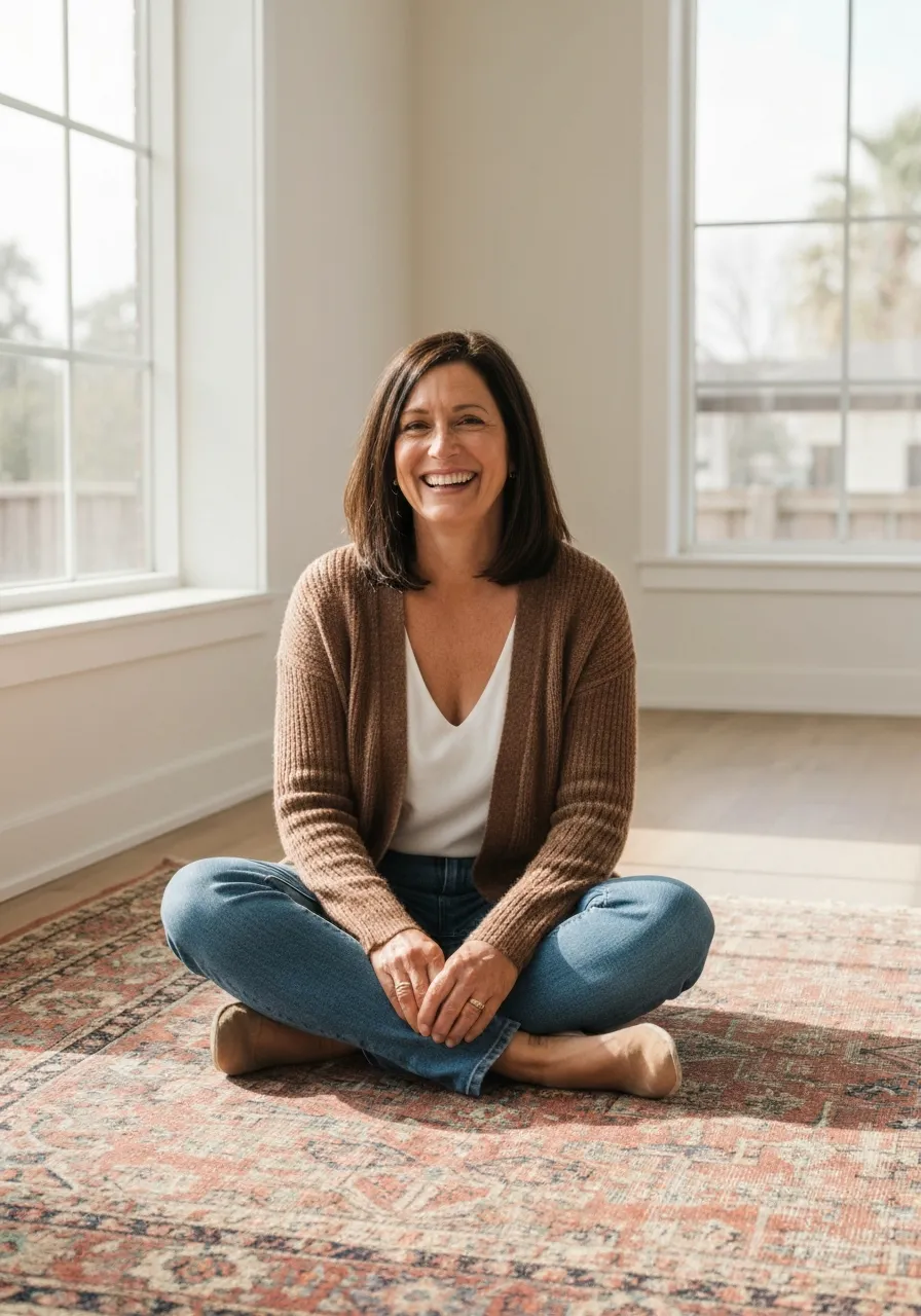 Smiling woman sitting cross-legged on a patterned rug in a bright, airy room, wearing a brown cardigan over a white top and jeans