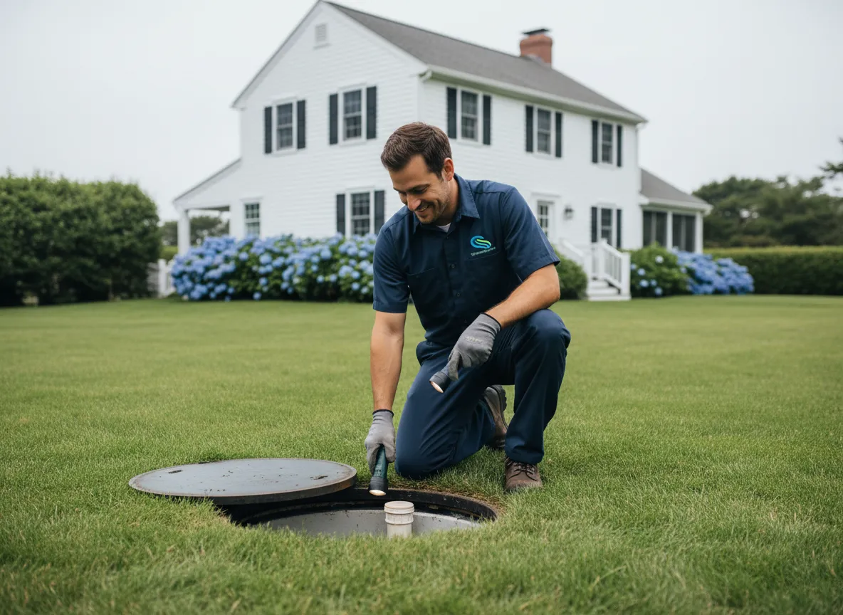Technician performing septic system inspection in East Falmouth, MA