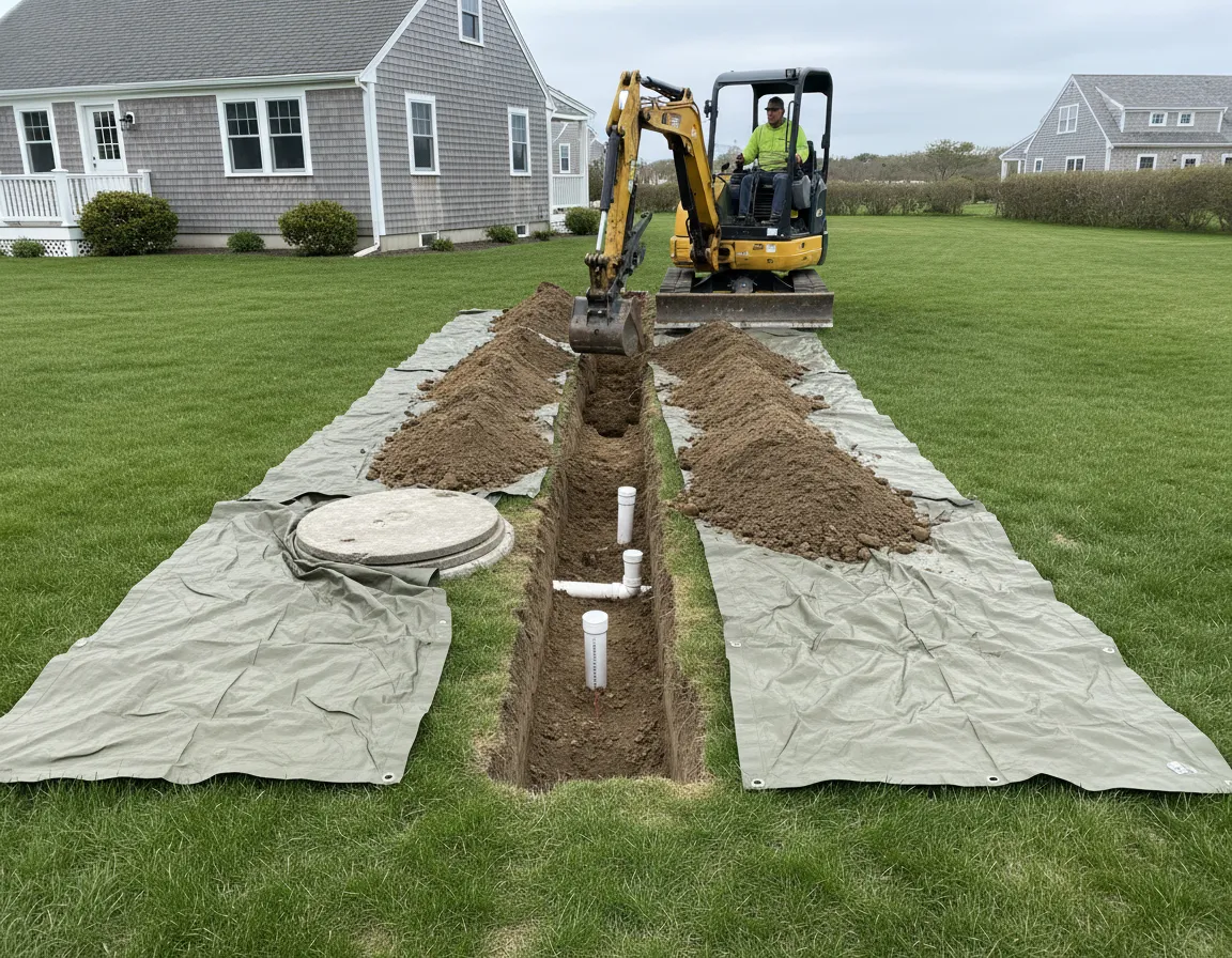 Septic service truck at a Cape Cod property