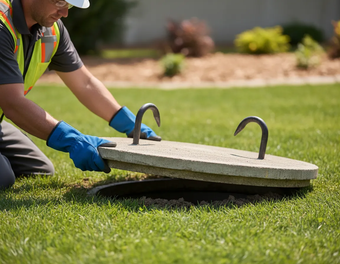 Technician accessing a septic tank cover