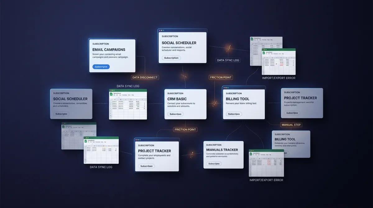 Visual representation of fragmented SaaS subscriptions and disconnected spreadsheet workarounds