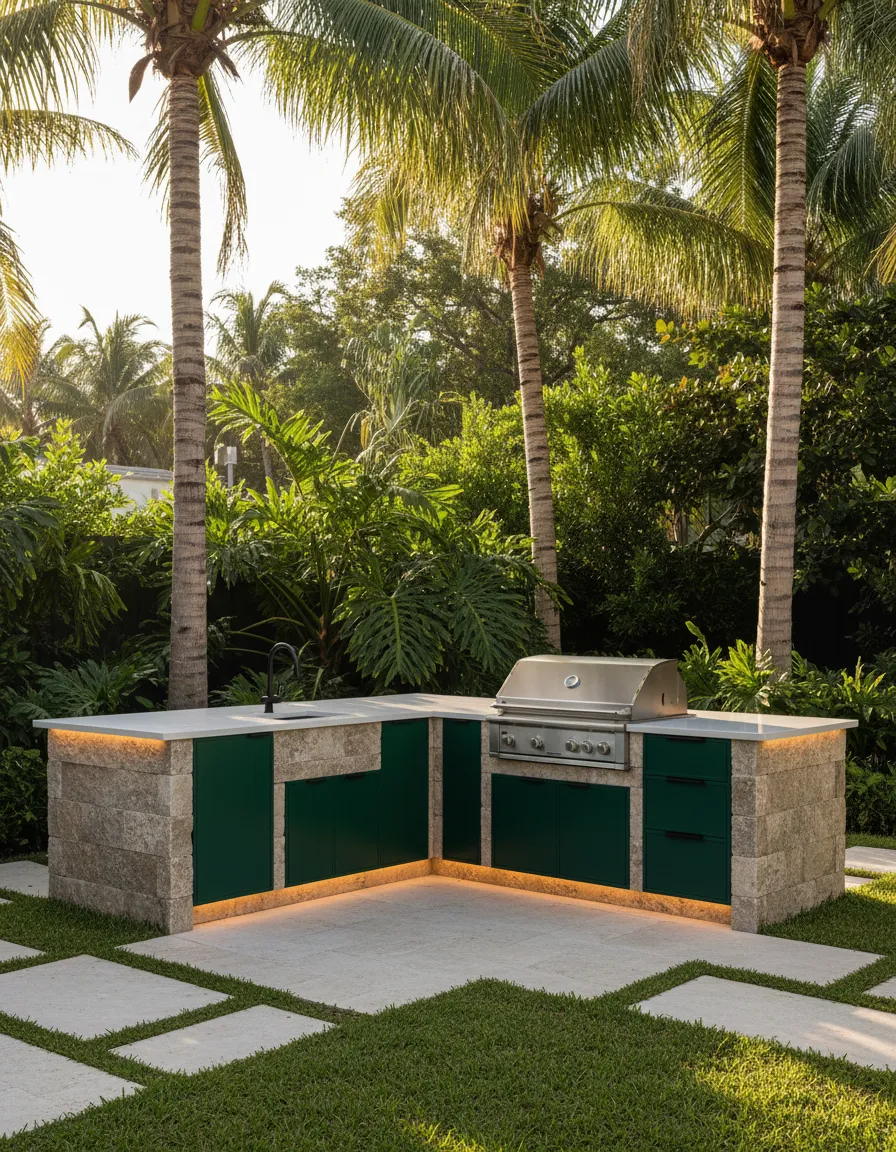 Custom outdoor kitchen with sleek L-shaped layout