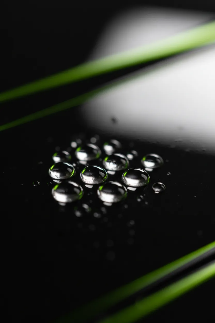High gloss treated vehicle paint showing extreme water beading and reflection.