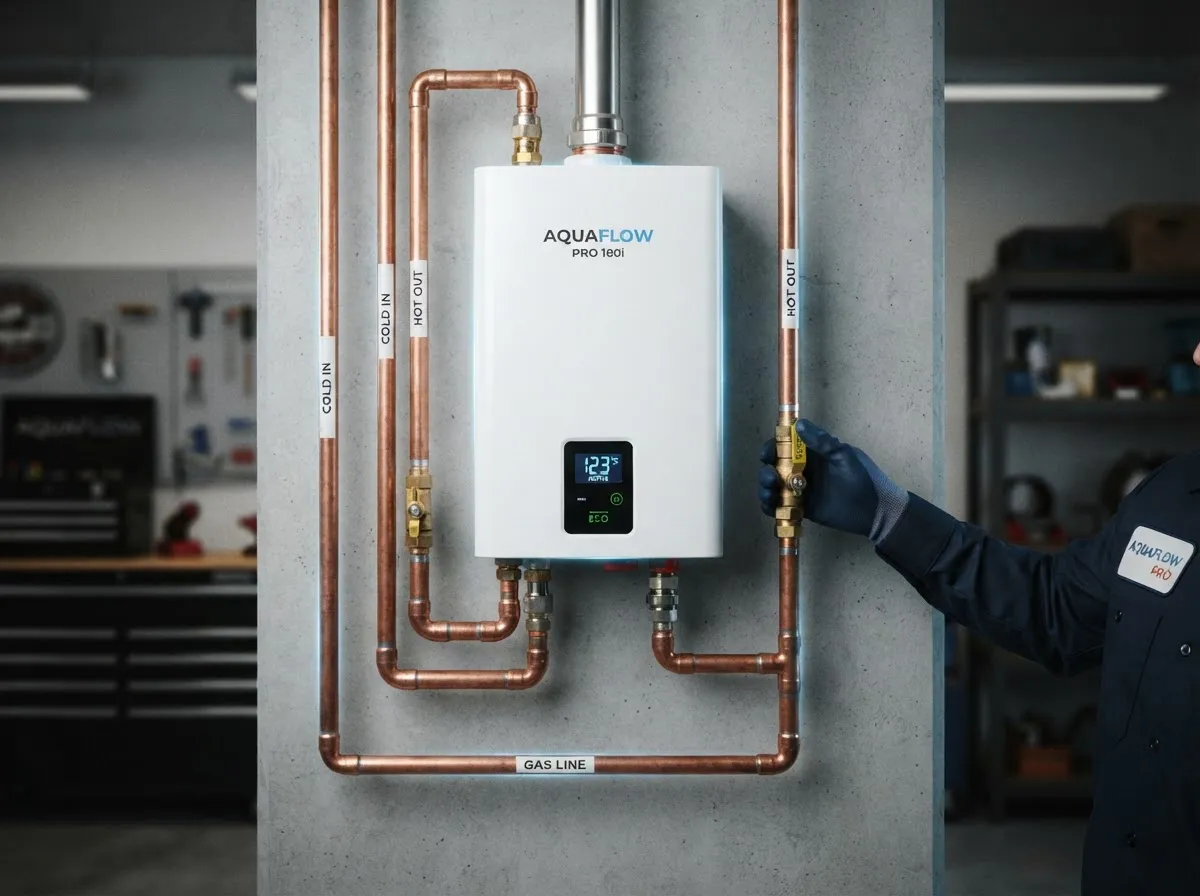 Tankless water heater installation with clean copper piping in West Palm Beach