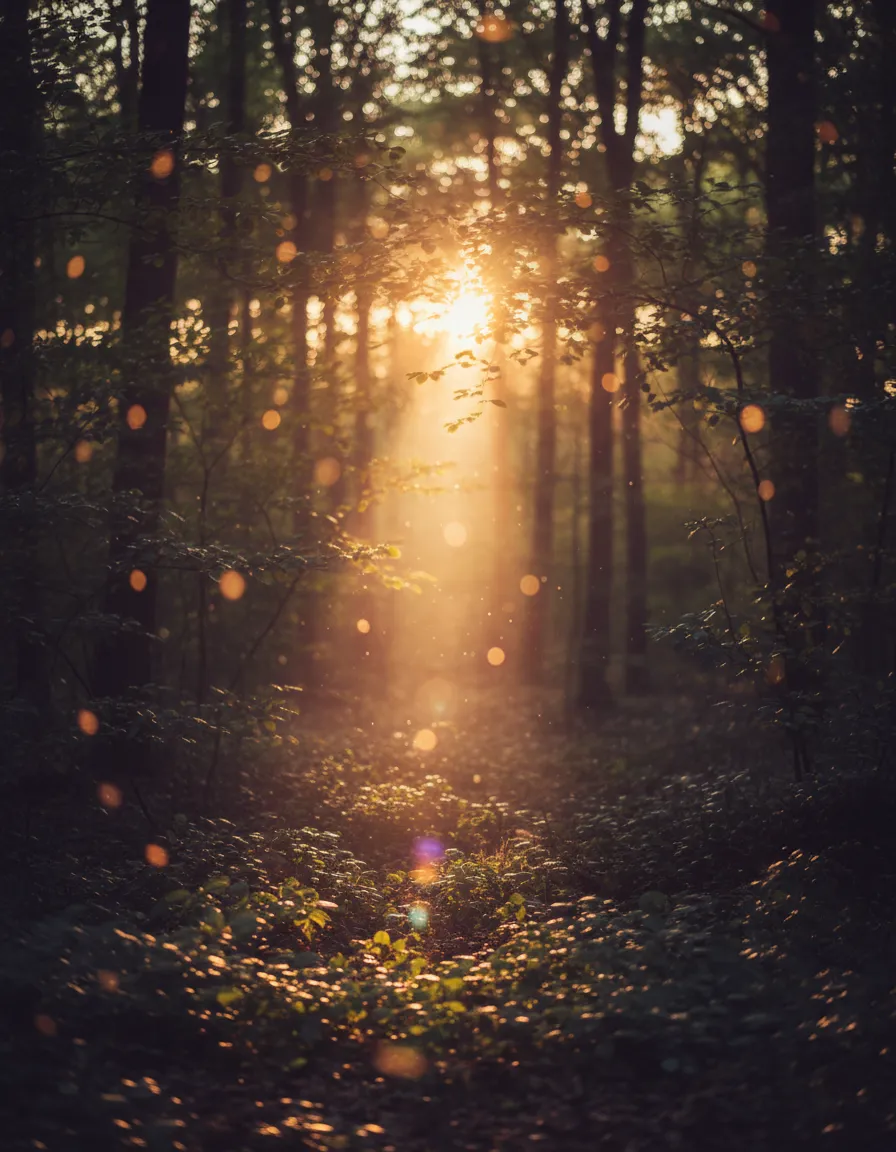 Sunlight piercing through a vibrant forest canopy, representing enlightenment and inner discovery