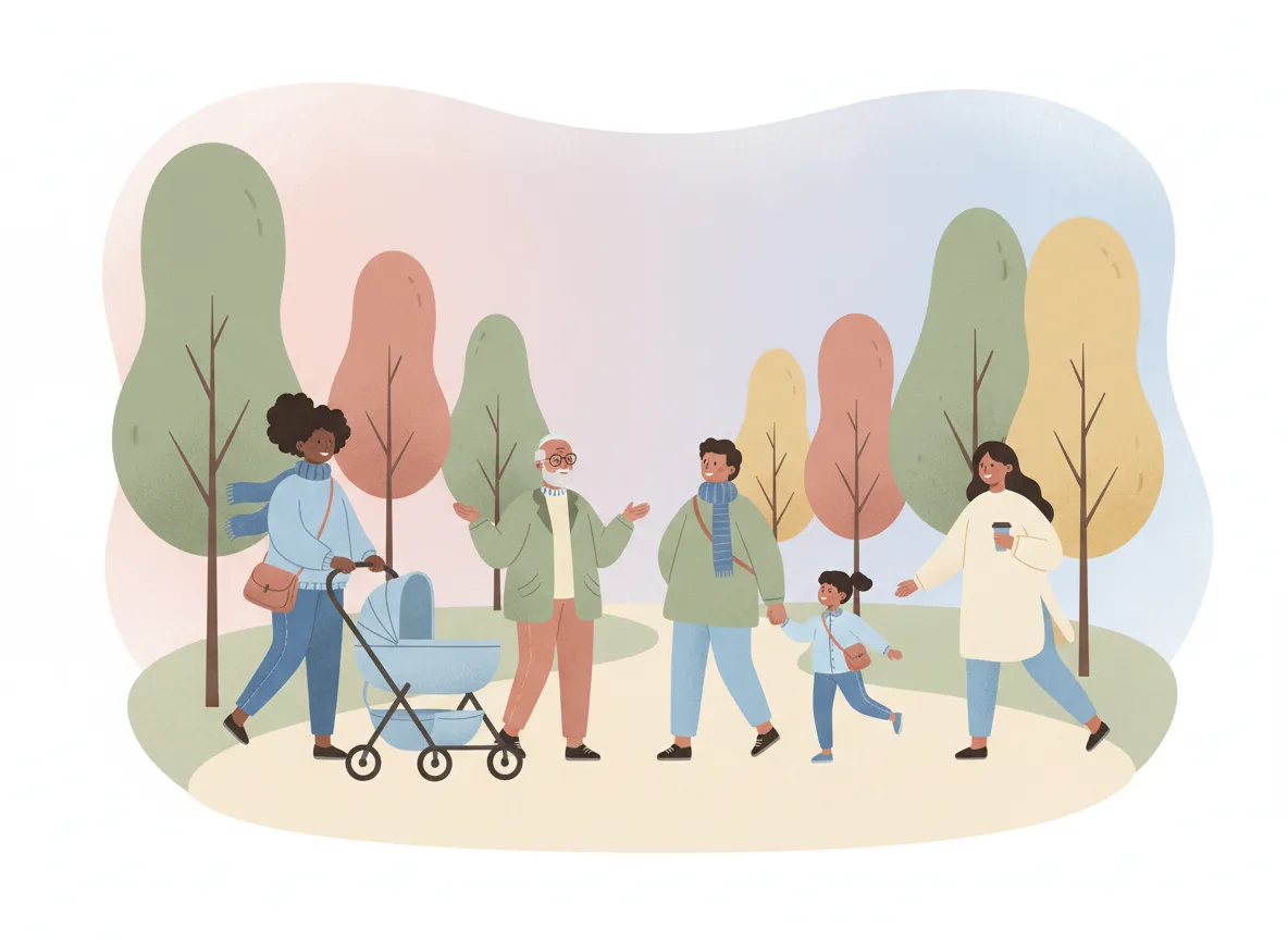 Soft illustration of a person walking through a park with gentle colours and hand-drawn style
