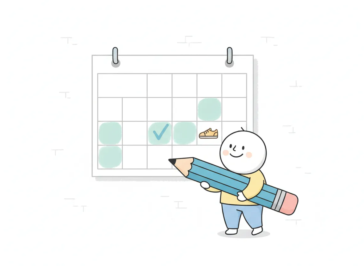 Hand-drawn style illustration of a simple calendar with walking days highlighted and a person ticking off steps