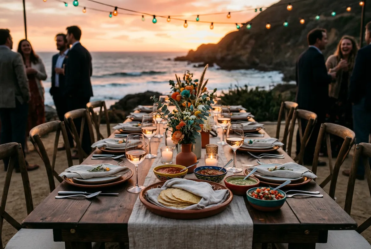 Elegant outdoor coastal wedding dinner setup with ambient lighting