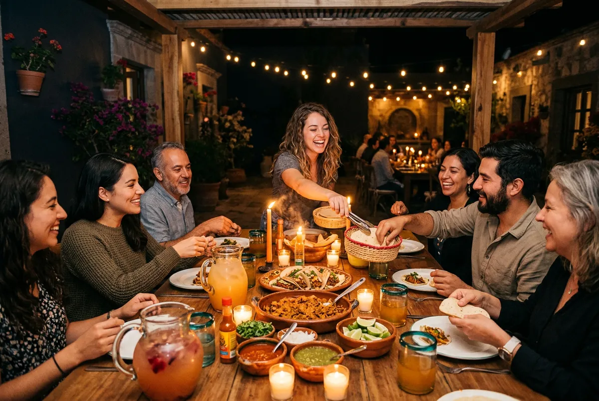 Warm intimate private courtyard party with friends gathered around candlelit tables