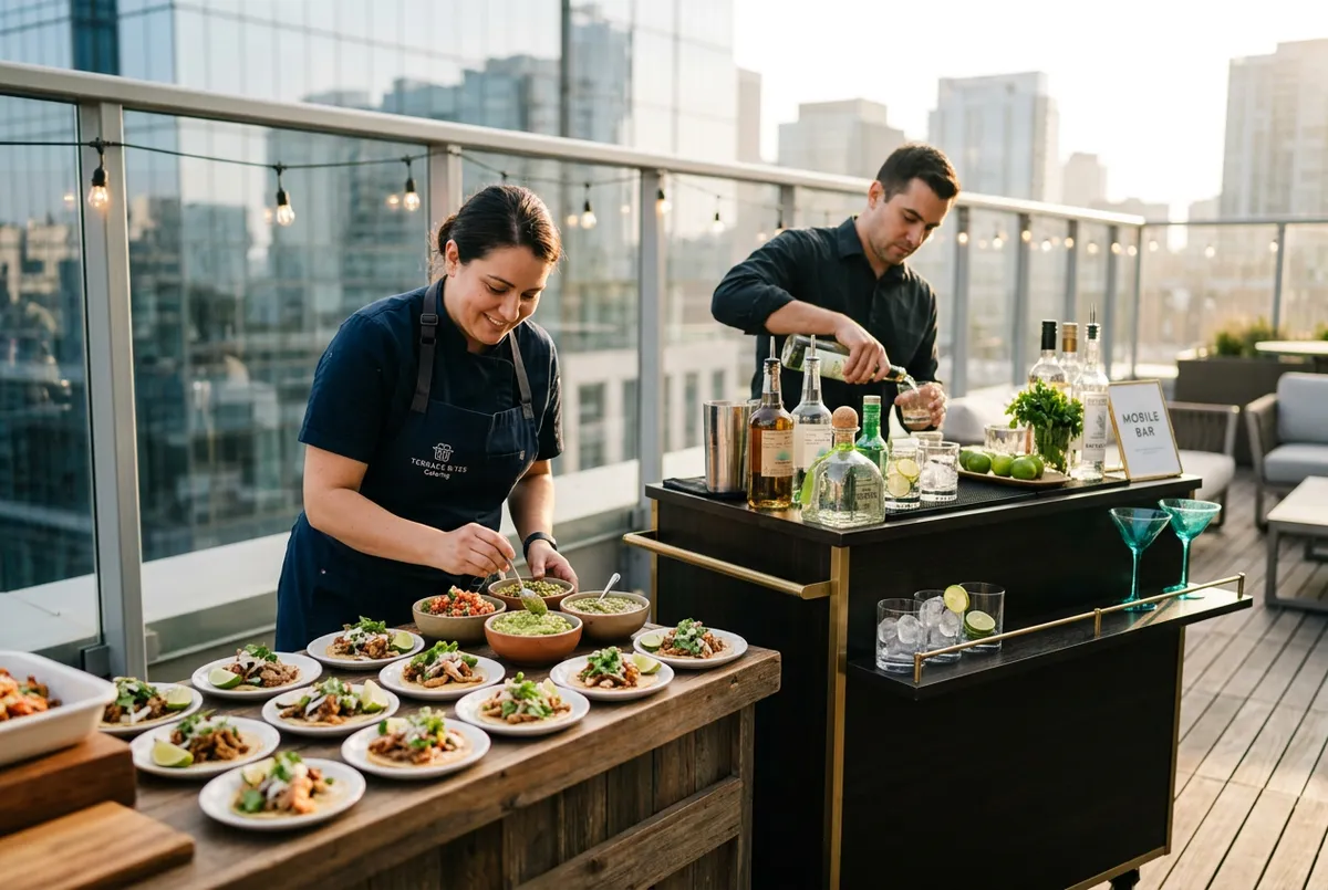Sleek professional corporate event catering setup on an outdoor company terrace