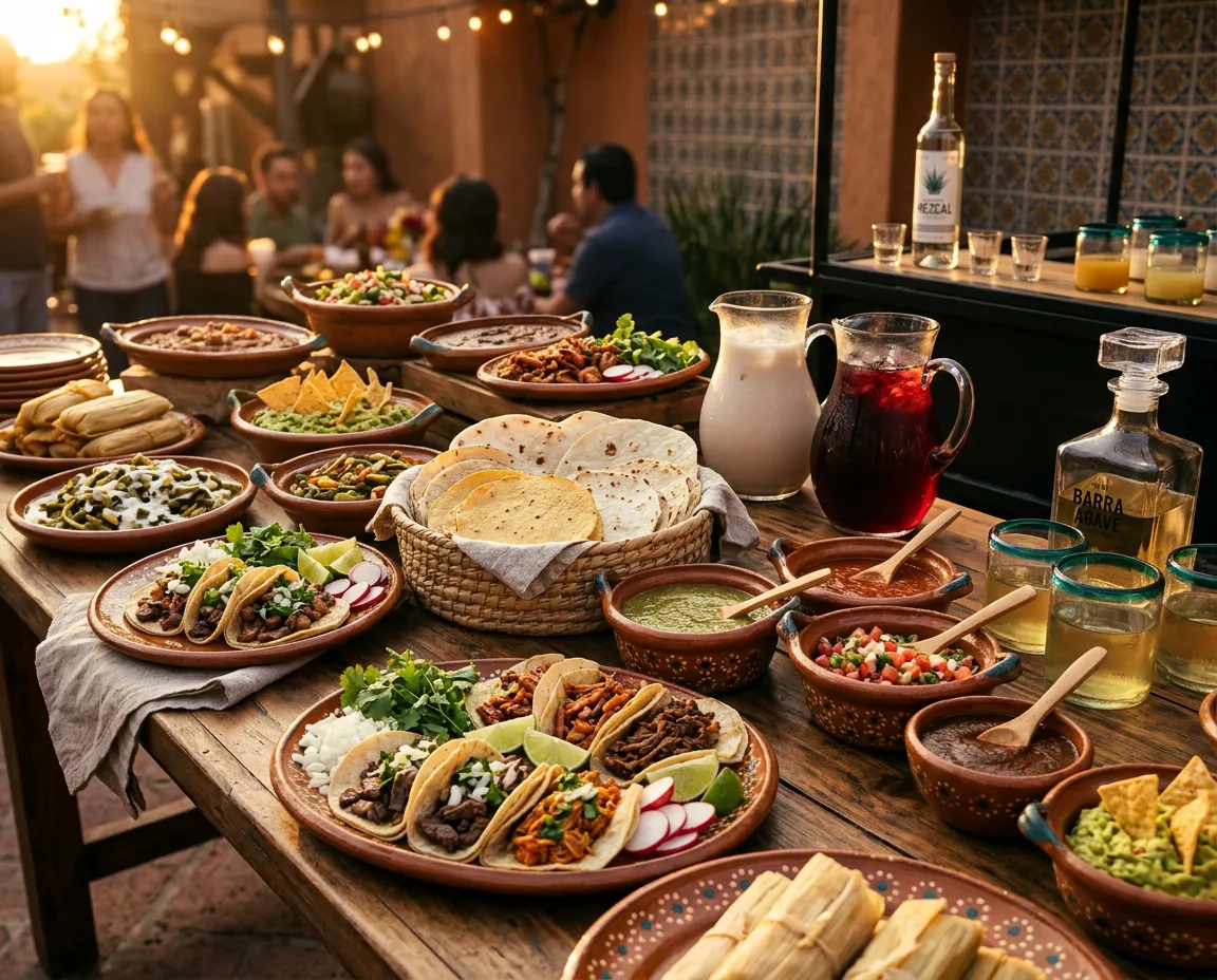 Warm cinematic Mexican family-style catering buffet with handmade tortillas and fresh artisanal dishes