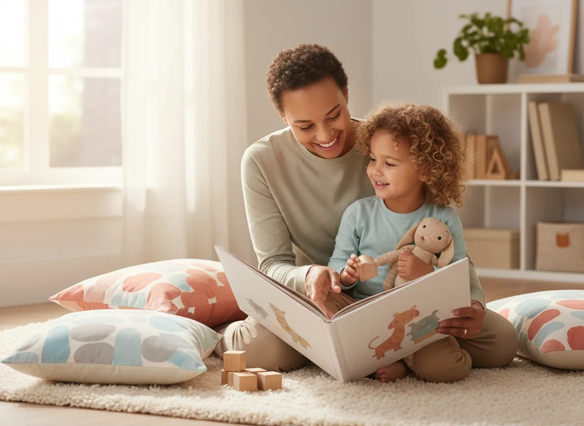 Parent playing and reading with young child at home