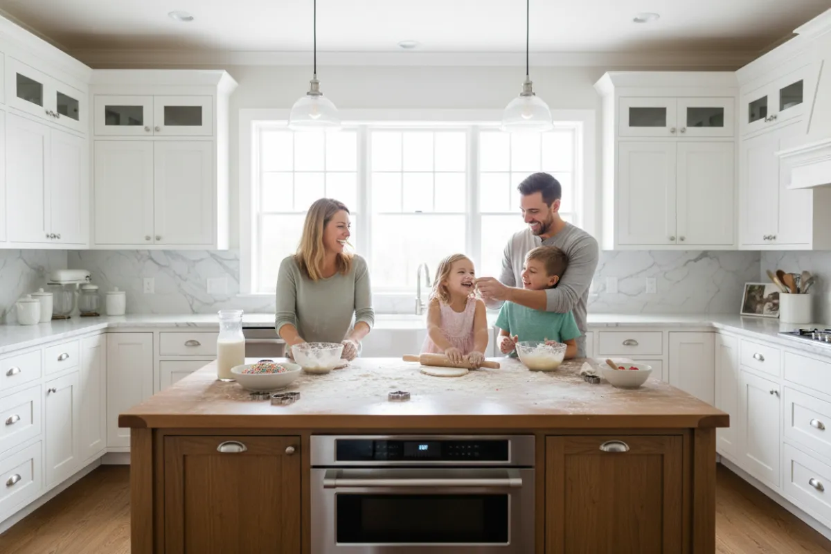 Bright kitchen with shaker cabinets, marble-look quartz, farmhouse sink, and a family baking together, 3:2 aspect ratio.