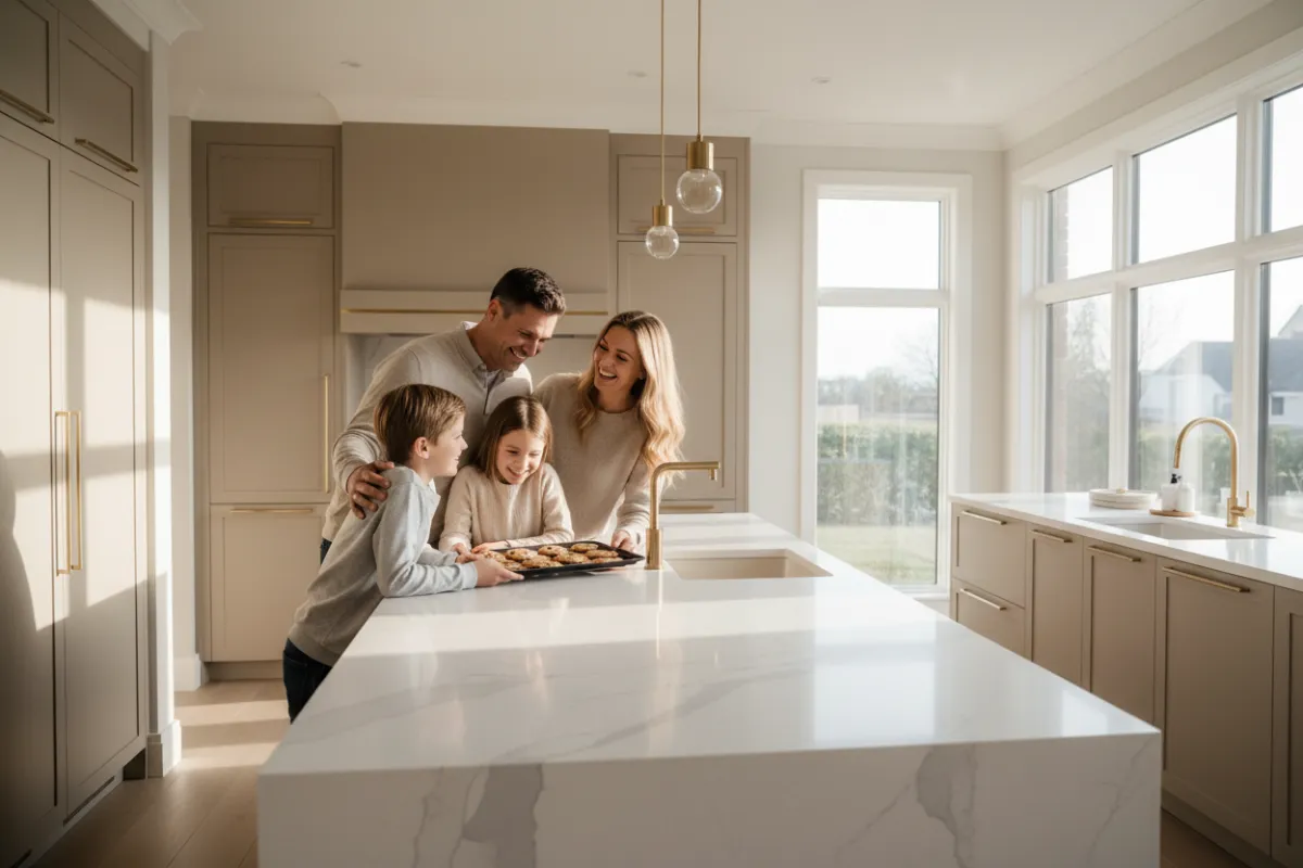 A smiling family of four gathers around a modern kitchen island with custom cabinetry and quartz countertops, sunlight streaming through large windows, warm and inviting atmosphere, 3:2 aspect ratio.
