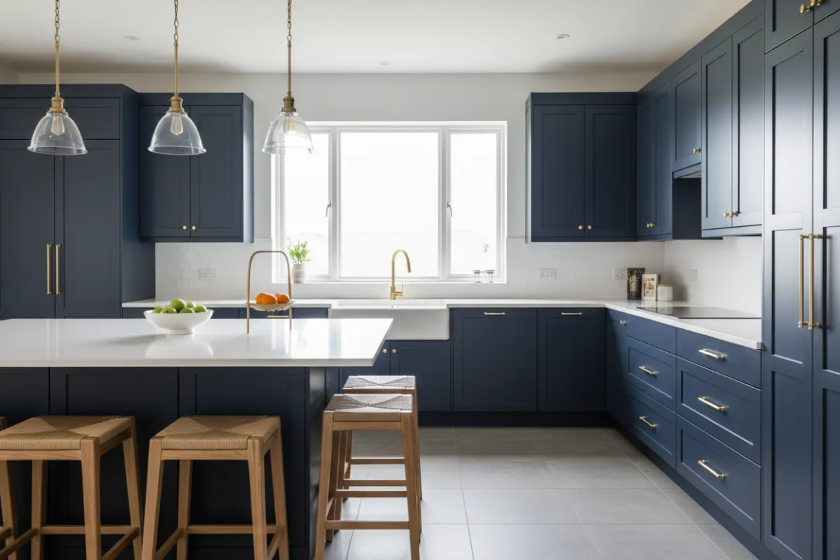 Spacious kitchen with navy blue cabinets, white quartz countertops, gold hardware, and a large window, 3:2 aspect ratio.