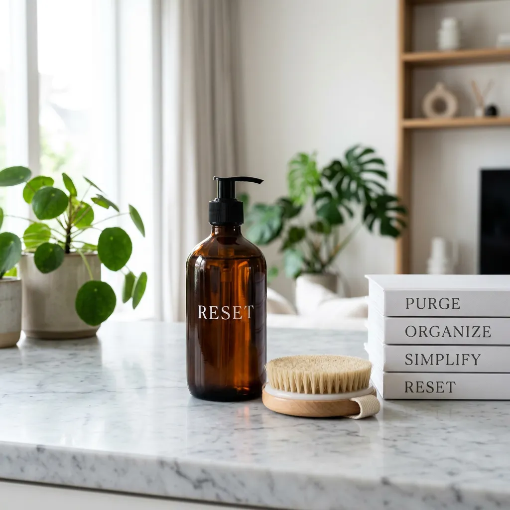 A dark glass pump bottle with 'RESET' written on it, next to a wooden brush and a stack of four white books with titles 'PURGE', 'ORGANIZE', 'SIMPLIFY', 'RESET', sitting on a marble countertop with greenery in the background.