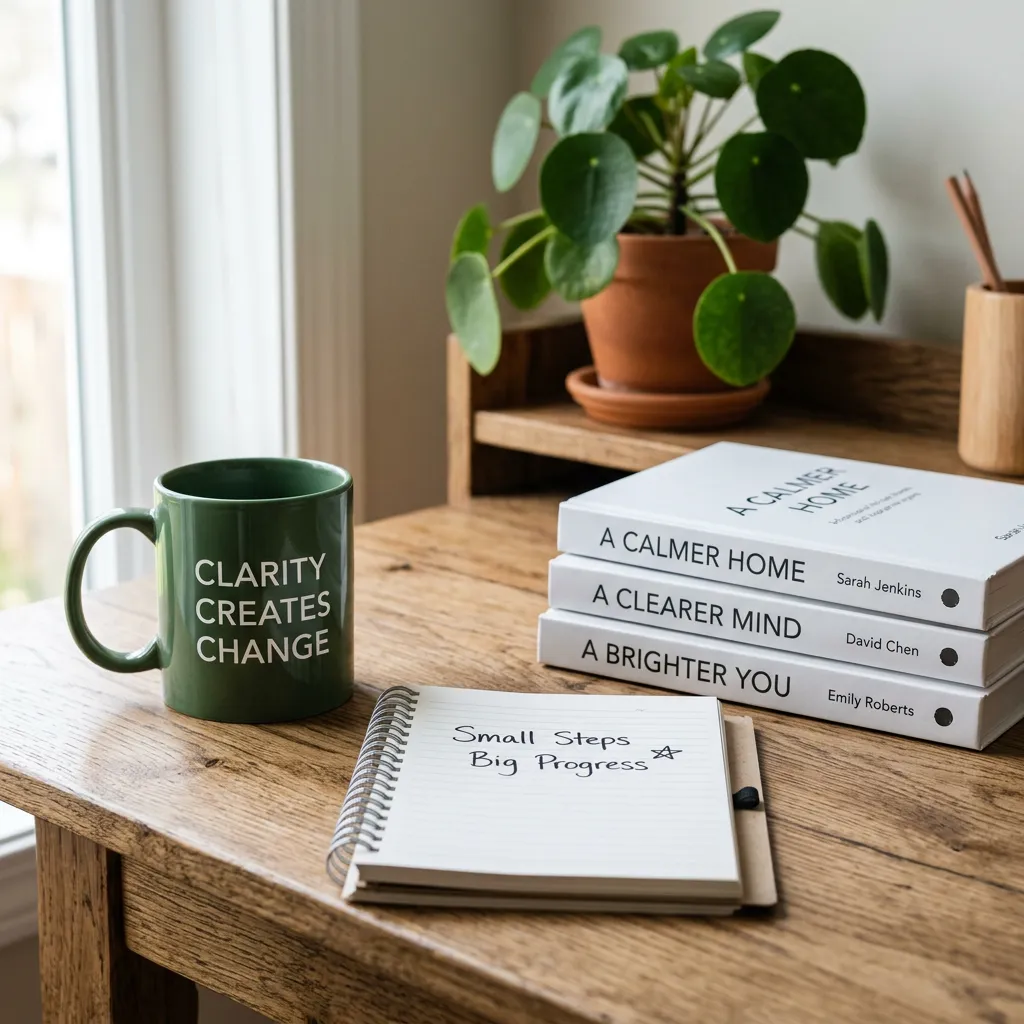 A green mug with white text 'CLARITY CREATES CHANGE' next to a spiral notebook with 'Small Steps Big Progress' written on it, and a stack of three white books with titles 'A CALMER HOME', 'A CLEARER MIND', 'A BRIGHTER YOU', sitting on a wooden desk with a plant in the background.