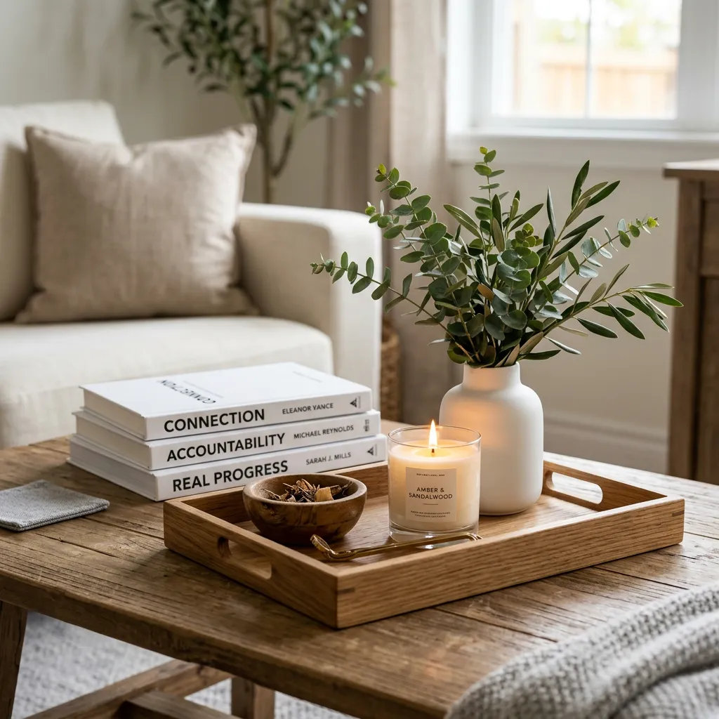 A wooden tray holding a lit candle in a glass jar, a small wooden bowl, and a white vase with greenery, sitting in front of a stack of three white books with titles 'Connection', 'Accountability', 'Real Progress', on a coffee table in a living room.
