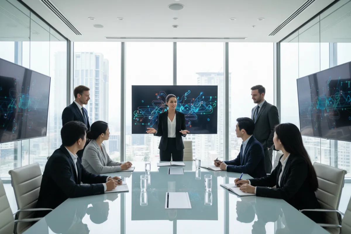 A diverse group of executives in a modern glass-walled boardroom, engaged in a dynamic communication workshop led by a facilitator, with digital screens displaying strategy diagrams. The setting is bright, professional, and collaborative, emphasizing leadership and teamwork.