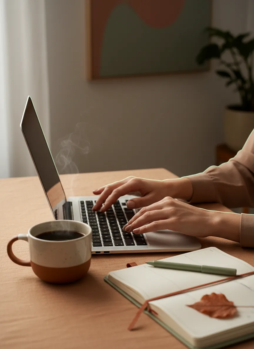 Hands typing on a laptop, soft warm lifestyle imagery
