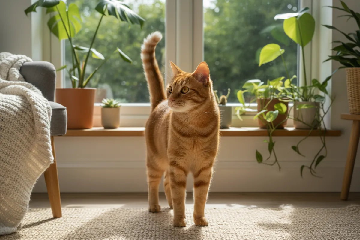 A confident ginger cat stands tall on a sunlit windowsill, gazing outside with bright, alert eyes. The room is filled with plants and soft textures, suggesting a nurturing, positive environment for growth and exploration.