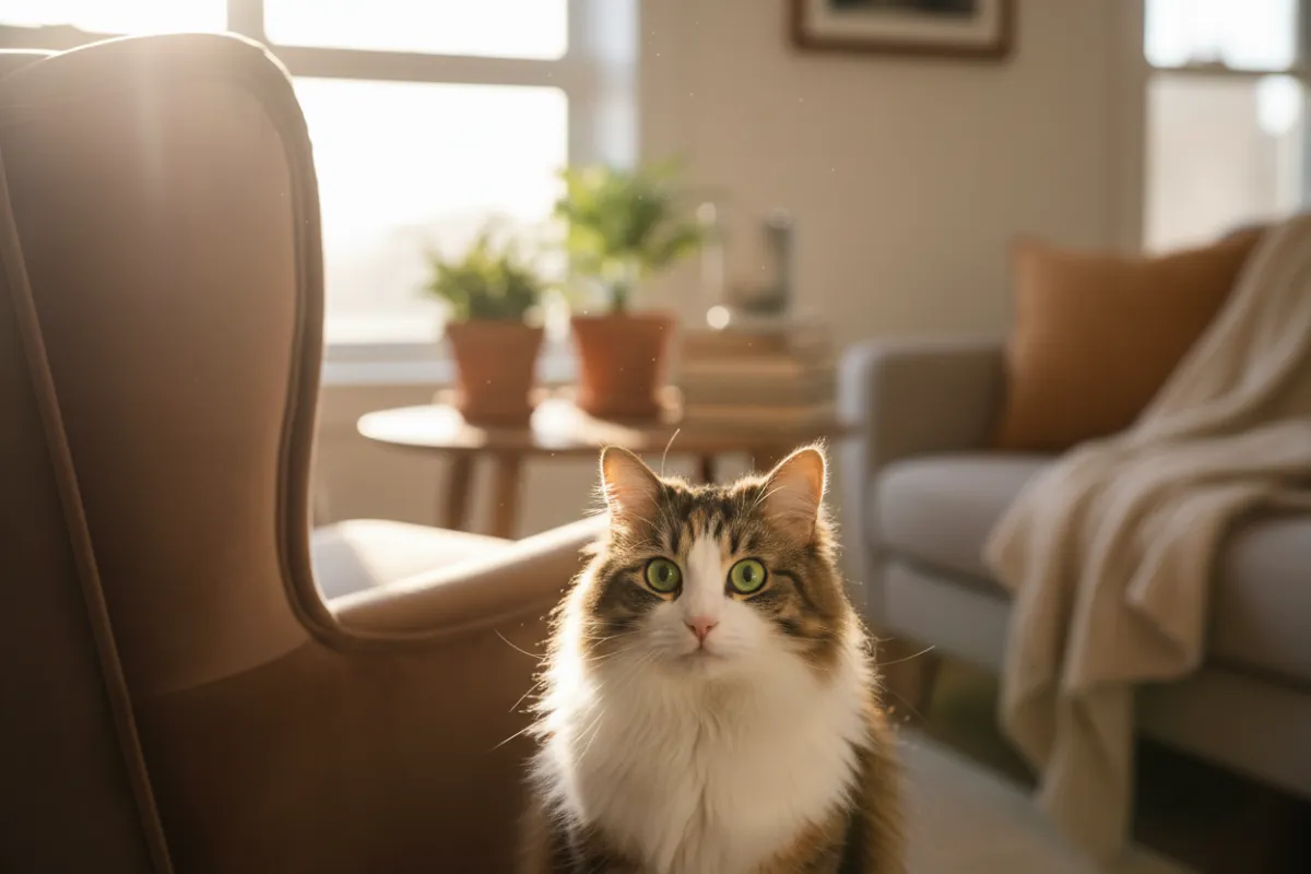 A gentle, long-haired tabby cat peeks out from behind a plush armchair, sunlight streaming in, with soft focus on its curious, cautious eyes. The background is a warm, inviting living room, evoking a sense of comfort and hope.