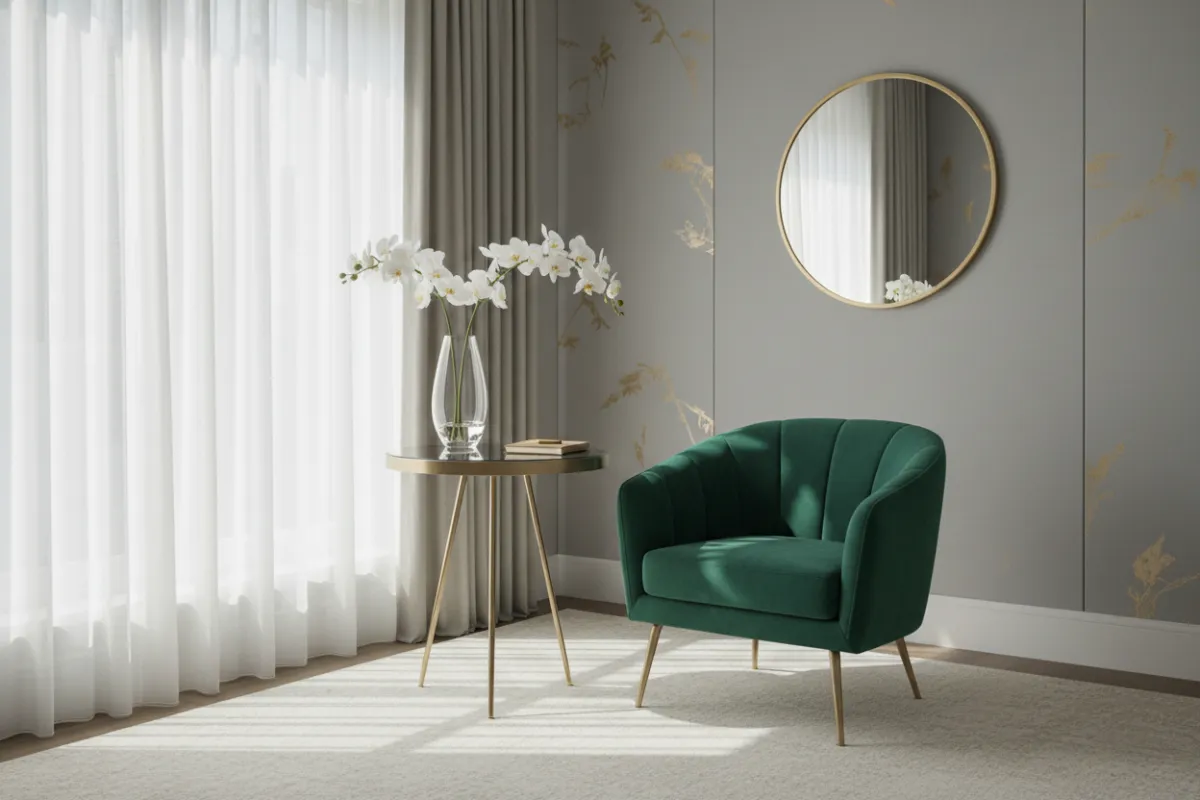 A private consultation room with a velvet armchair, gold-accented table, and a vase of fresh orchids, bathed in natural light, conveying a sense of exclusivity and attentive service.