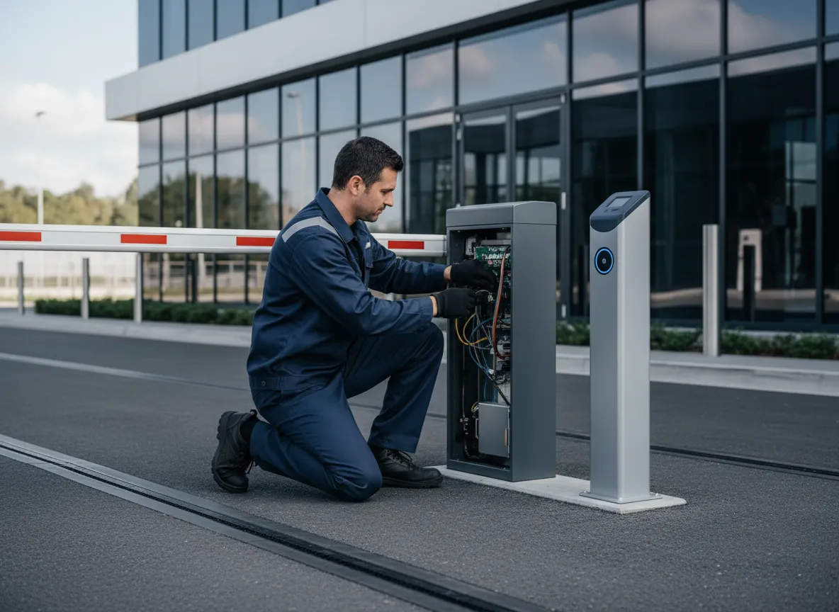 Security technician servicing an automated vehicle gate integrated with badge access.